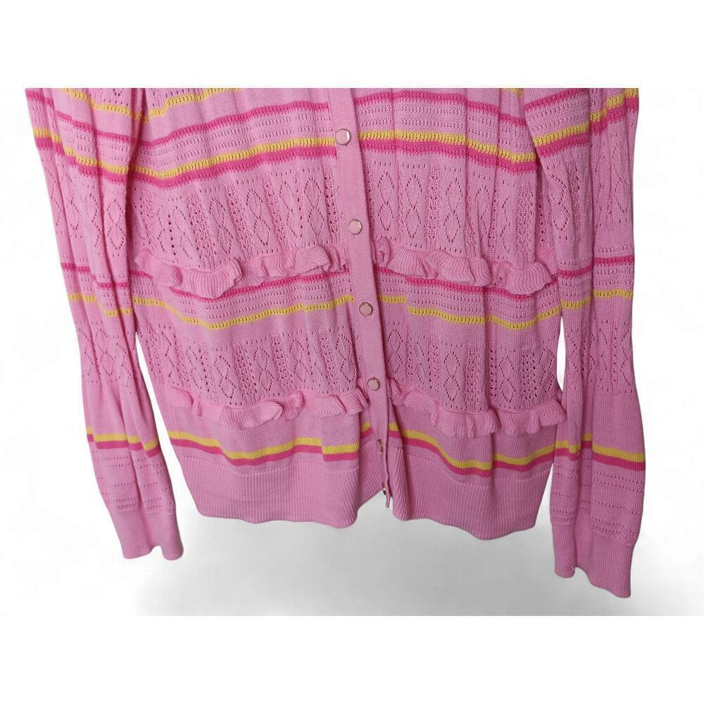Charter Club Pink Yellow Stripe Knit Ruffle Cardigan Sweater XL Button Front - Picture 5 of 12